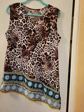 East 5th Womens SIZE L /XL Brown Animal Print Tunic Top Tank Sleeveless Stretch