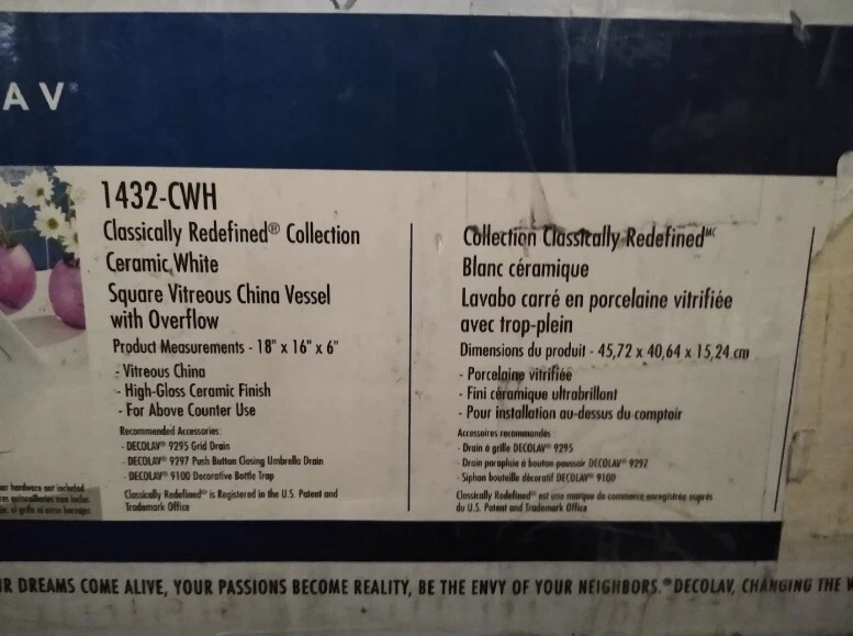 Decolav AURELIA КВАДРАТНАЯ НАД ПРИЛАВКОМ СТЕКЛОВИДНОЕ СТЕКЛО ФАРФОРОВАЯ РАКОВИНА ДЛЯ ВАННОЙ 1464-CWH - Изображение 2 из 2