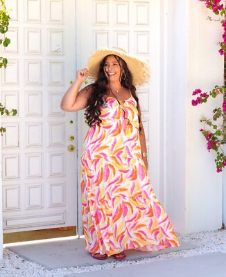LuLaRoe MEDIUM Carina Tiered Maxi Dress Resort Collection Pink Yellow  Tropical | eBay