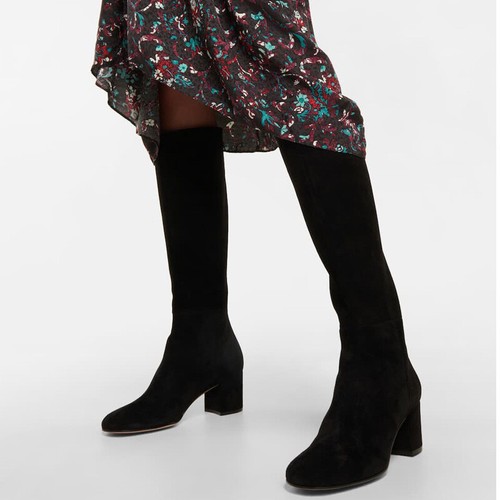 Winter Knee High Boots Womens Round Toe Suede Leather Chunky Mid Heel Shoes Size