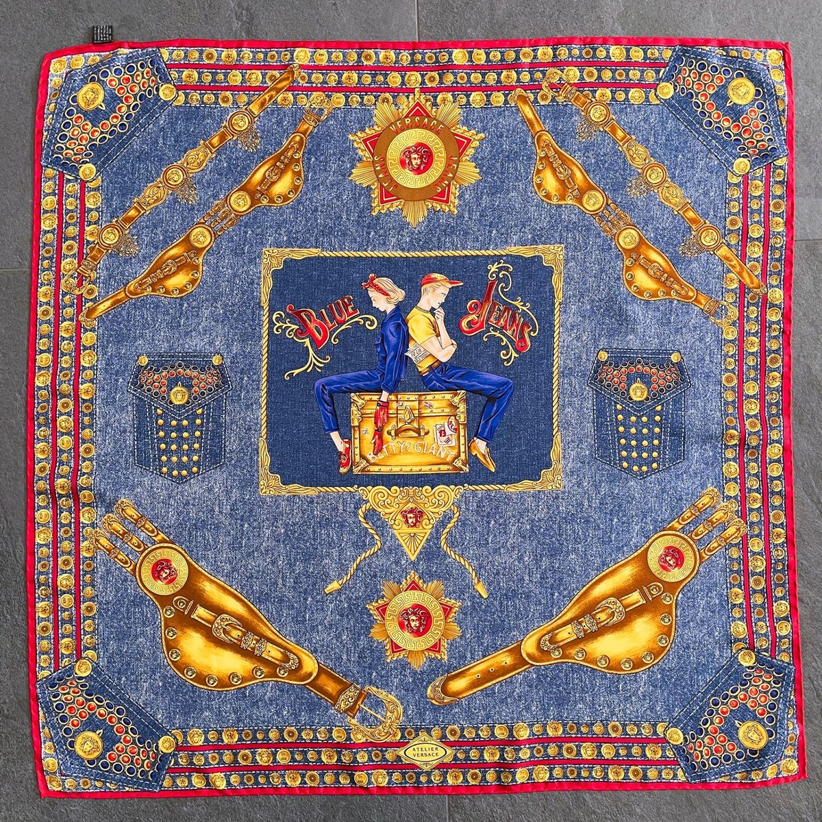 GIANNI VERSACE silk scarf Blue Jeans Betty & Giant w/ Medusa