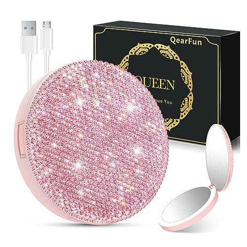 Luxurious Rhinestone LED Lighted Compact Mirror,Bling Portable Travel Pink