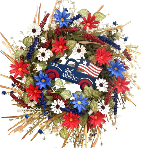 4Th of July Wreath Patriotic Independence Wreath for Front Door, Red White and B