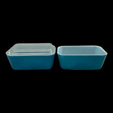 Pyrex Primary Blue (2) 502 Rectangular Refrigerator Dishes (1) 502C Lid VTG READ