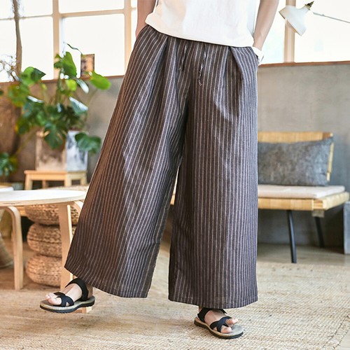 Pantalones Capri De Colección Para Hombre Lino Corte Suelto Pierna Ancha Rayas Kimono Pantalones Largos - Imagen 12 de 16