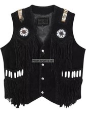 Men Western Cowboy Suede Fringe Jacket Beaded Native American Leather Jacket