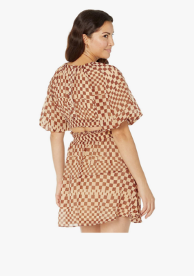 MOON RIVER Womens Checkered Fit & Flare Dress - Tan - Medium MOON RIVER Womens Checkered Fit & Flare Dress - Tan - Medium