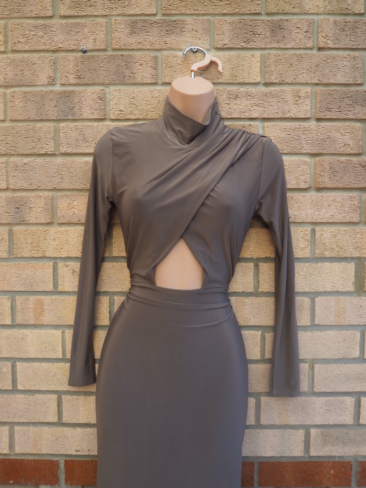 MISS BLUSH DARK TAUPE CUT OUT LONG SLEEVE HIGH NECK BODYCON PARTY DRESS