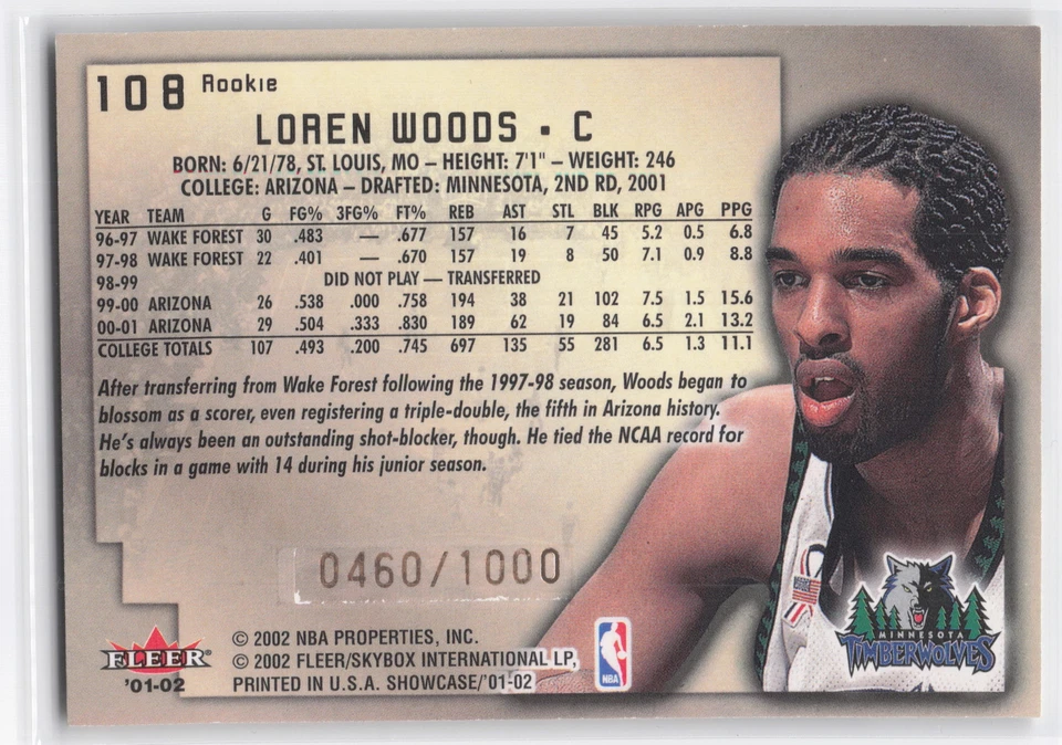 2001 Fleer Showcase #108 Loren Woods - - Image 2 of 2