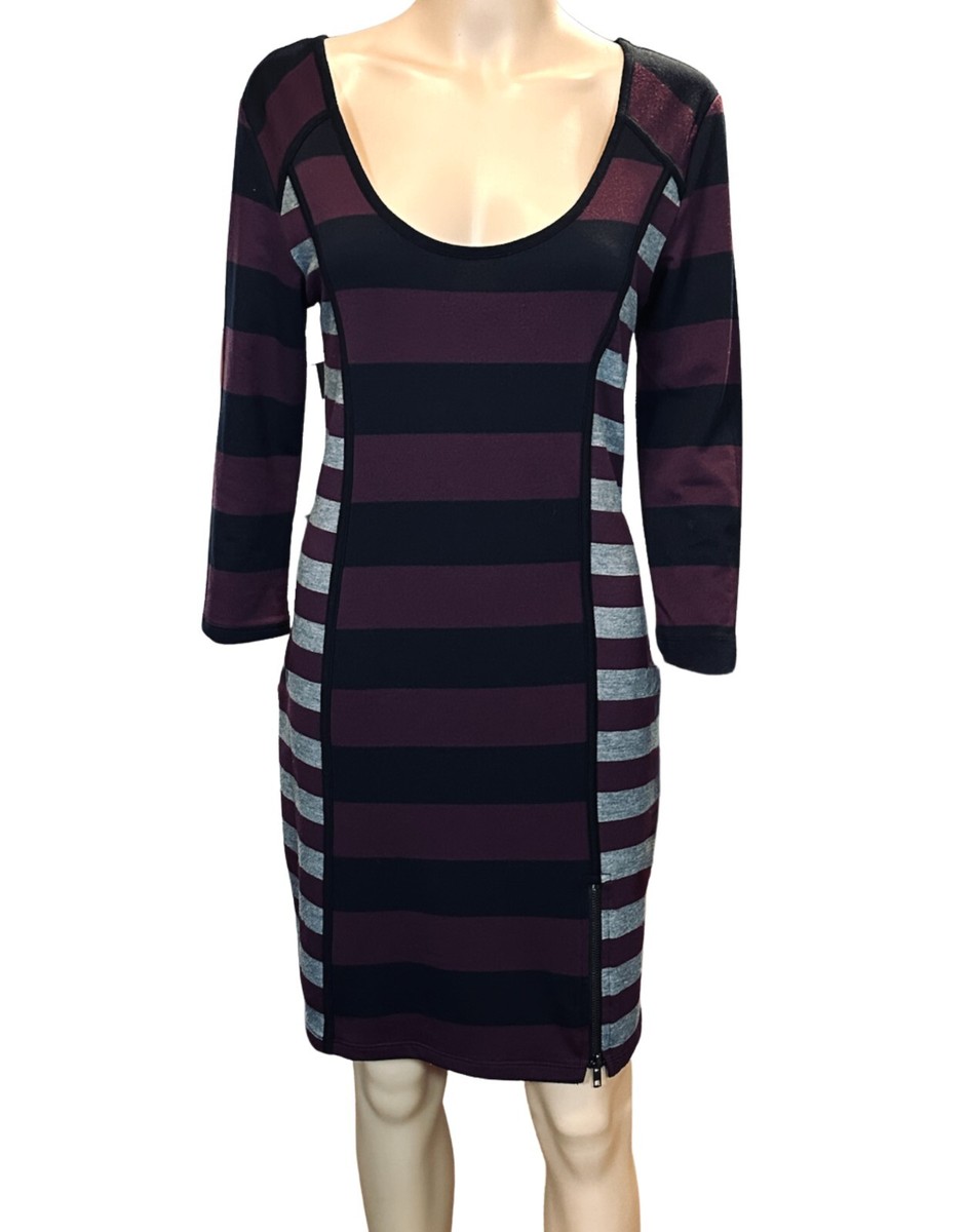 Jessica Simpson Pencil Dress Long Sleeve Stripe Purple Gray Black Stretch  S-Med