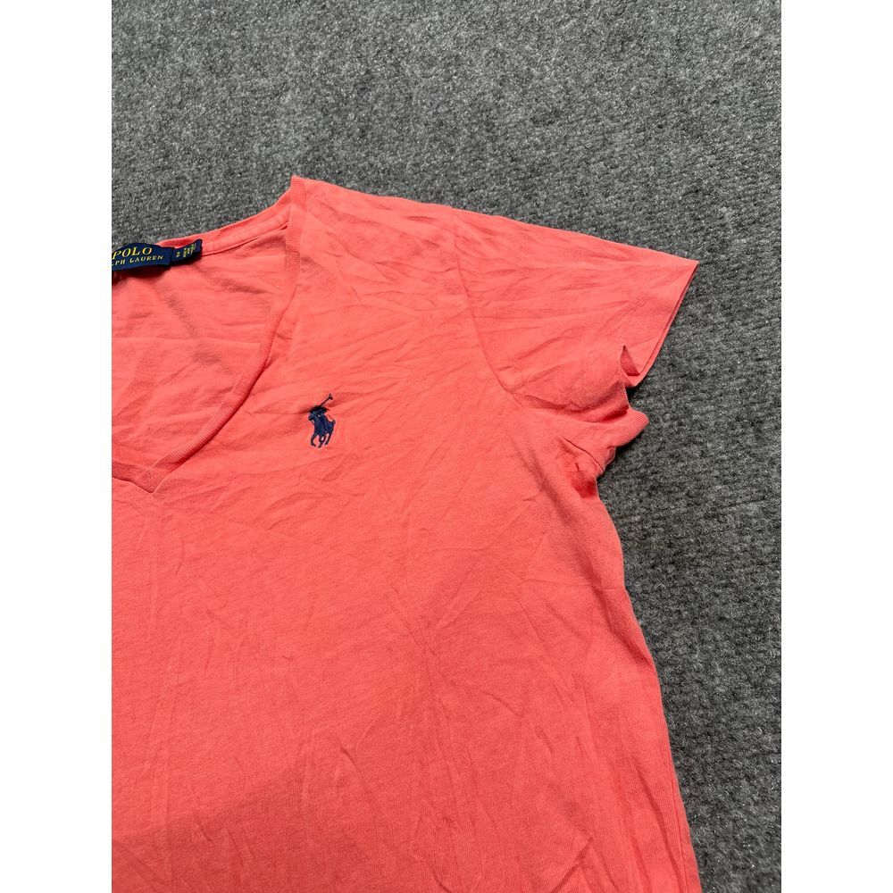 T shirt donna arancione scollo a V manica corta pullover pony cotone taglia small