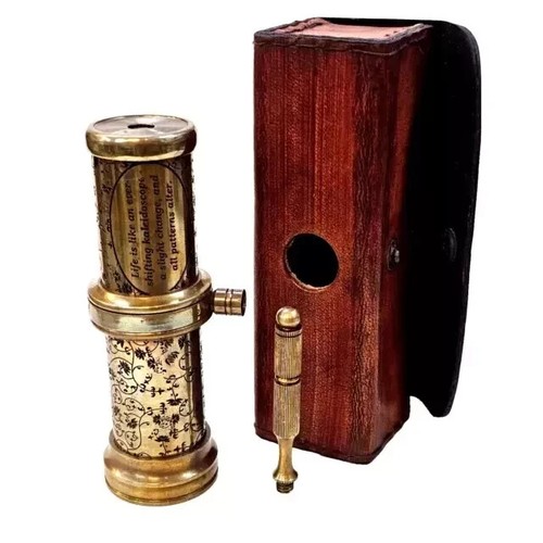 Brass Kaleidoscope Antique Style Handle Vintage Leather Box Collectible gift - Picture 4 of 5