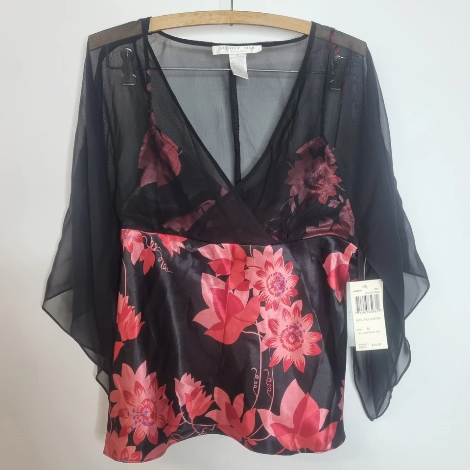 NUEVO CON ETIQUETAS AUGUST Pijama Satinado Conjunto de 2 Piezas Top Pantalones Floral Gasa Sedoso Transparente Y2K Talla M Foto 2 de 4