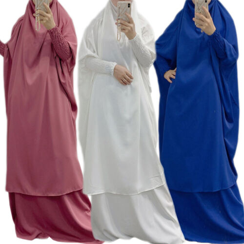 Islamic Arabic Khimar Prayer Dress 2 Piece Set Muslim Women Abaya Arab Robe Gown - Afbeelding 1 van 29