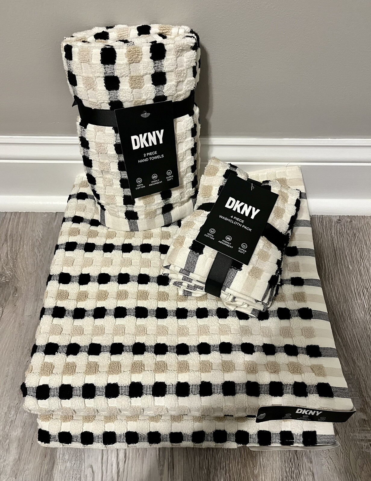 8Pc DKNY Towel Set 2 Bath 2 Hand 4 Washcloths Linen & Black Maya Tile
