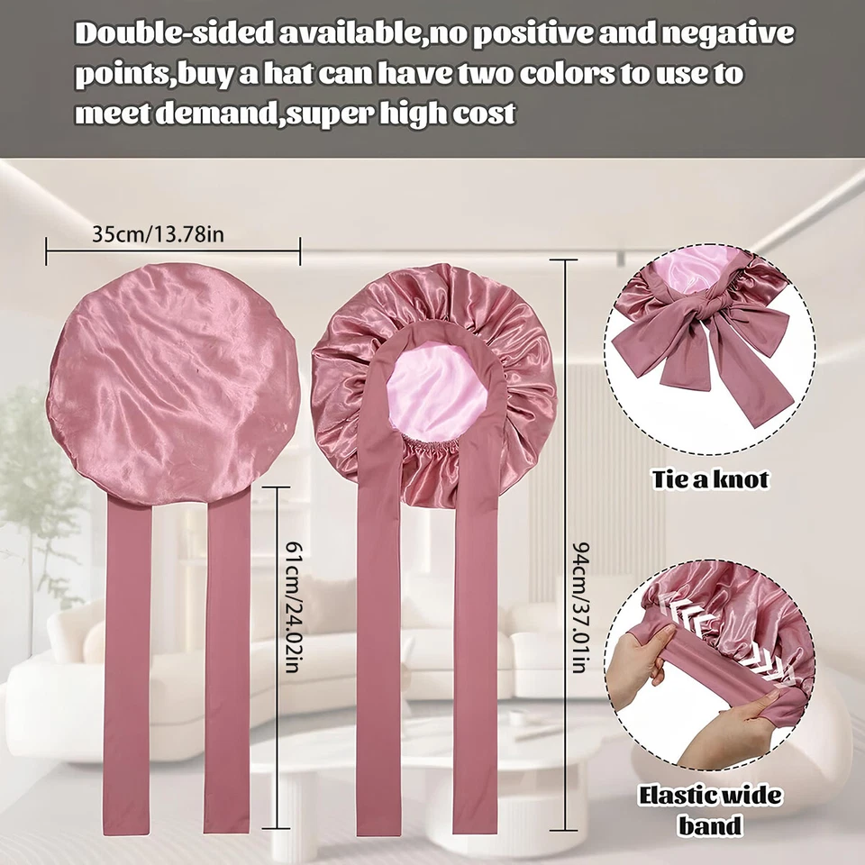Gorra de dormir nocturna con gorro de satén para mujeres sombrero de seda cubierta de cabeza banda elástica ancha Foto 3 de 4