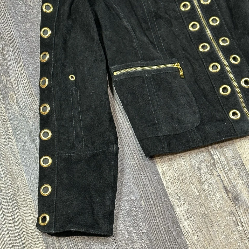 Chaqueta de moto vintage Aria para mujer de gamuza negra M oro ojal estilo motociclista balancín Foto 2 de 4