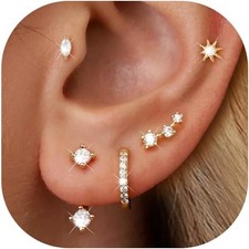 6 Pairs 14K Gold Plated Stud Earrings for Women, Hypoallergenic Cartilage Earrin