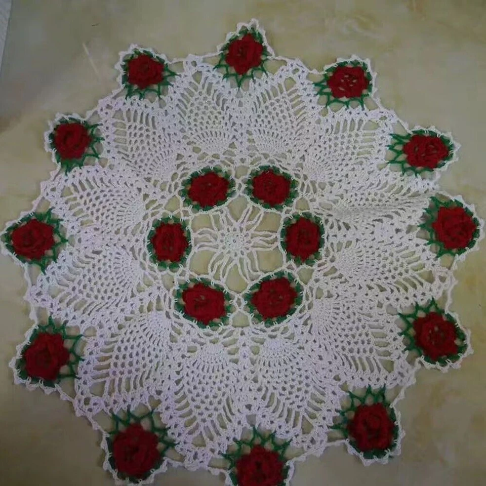 17" Red Vintage Hand Crochet Lace Doily Round Table Topper Mat Flower Tablecloth - Image 4 of 4