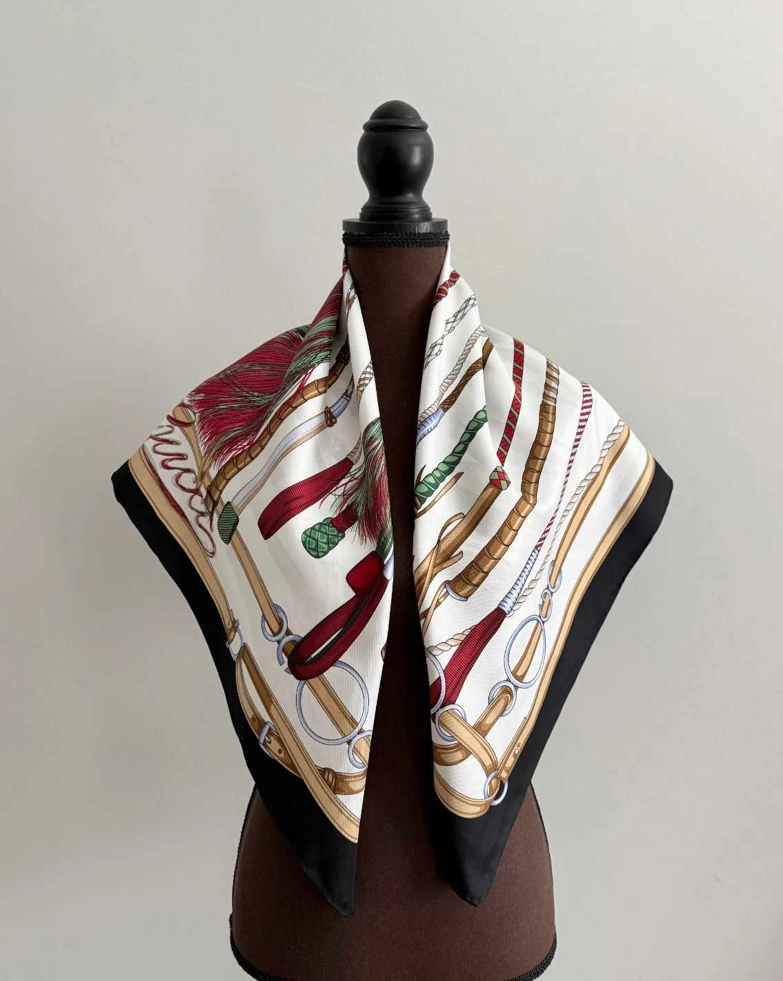 Gucci Scarf Equestrian White with Black Border Silk Wrap & Gucci Box