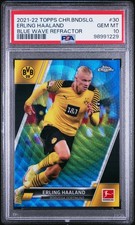 2021 TOPPS CHROME BUNDESLIGA BLUE WAVE REFRACTOR ERLING HAALAND 60/150 PSA 10