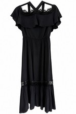 Alice + Olivia Black Lace Trim Ruffle Overlay Flutter Sleeve Midi Dress Size P