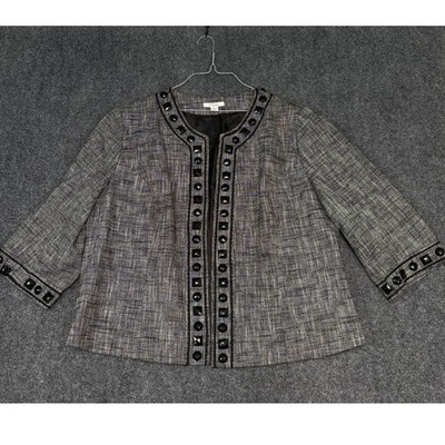 Dressbarn Jacket Women 18/20 Gray Studded Tweed Linen Blend Open Front Blazer