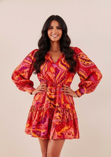NWT FARM Rio Banana Juice Mini in Red Orange Puff Sleeve Cotton Dress S $195