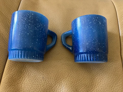2 Vintage Anchor Hocking Fire King Ware Blue White Speckled Coffee Cups