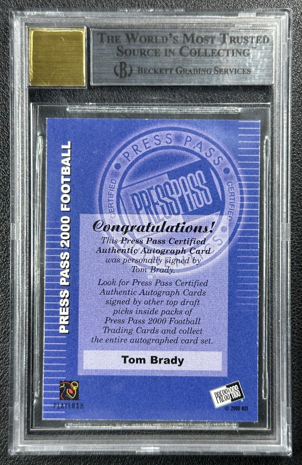 TOM BRADY BGS 9 2000 PRESS PASS ROOKIE AUTHENTICS AUTO RC AUTOGRAPH .5 FROM 9.5 view 2