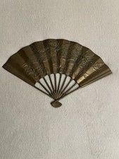 Vintage Solid Brass Oriental Style Hand Fan Raised Phoenix Dragon Wall Decor