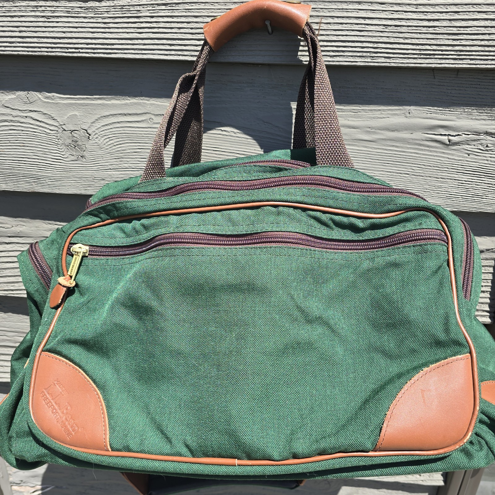 LL Bean Vintage Duffle Bag Green Canvas Leather Trim Travel EUC