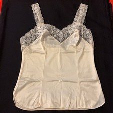 Women's Ivory Satin Camisole Lingerie Top with Lace Trim, Satin Fabric