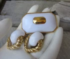 Vintage Gold Tone TRIFARI White Lucite Dome Bar Pin Brooch & Clip Earrings LOT