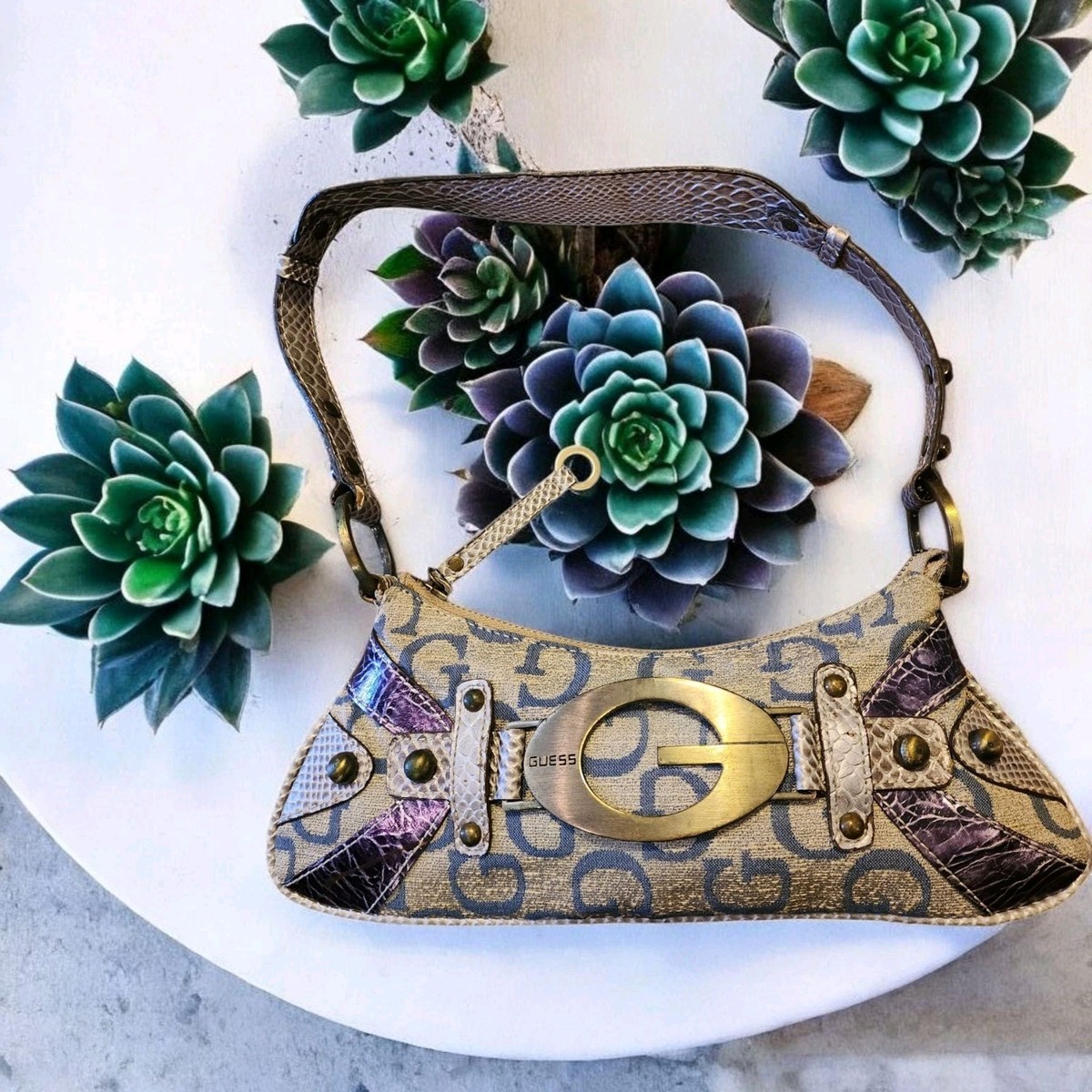 Vtg Guess Y2K 90s 2000s Studded Hand Shoulder Bag Purse Monogram Snake  Embossed