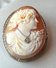 VINTAGE 14K WHITE GOLD LARGE SHELL CAMEO DIAM...