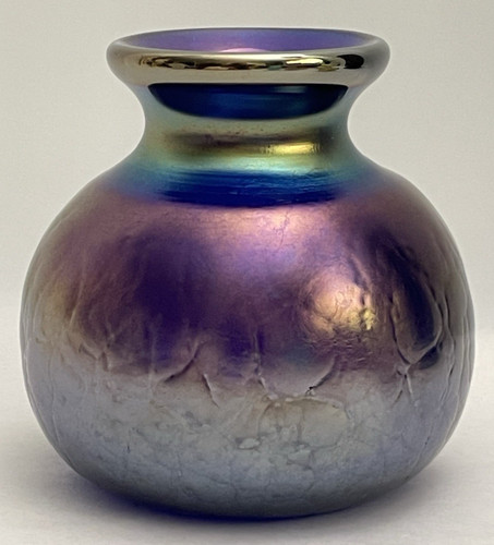 1983 Iridescent Art Glass Vase Cobalt Blue, Pink, Gold ~ Hand Blown 3.5" Signed