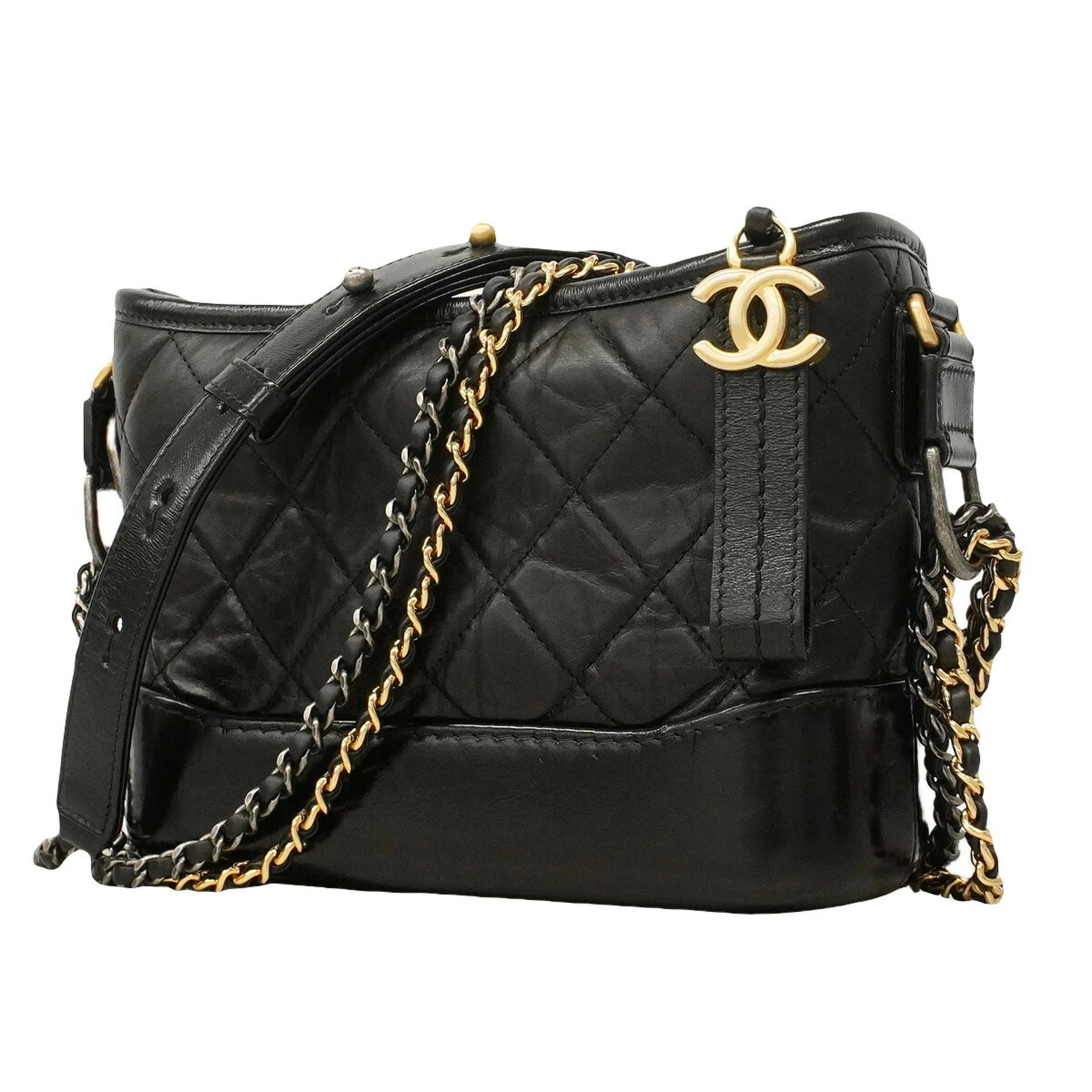 Chanel Shoulder Bag, Double Chain, Gabrielle, Leather, Black & Gol... GZl1kob3