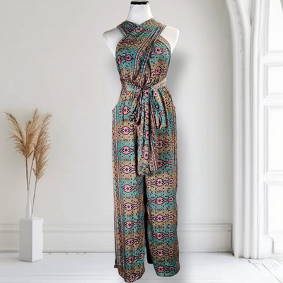 Karma Highway Boho Halter Wide Leg Jumpsuit OS Paisley Open Back Resort
