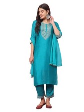 Women's Silk Blend Embroidered Kurta with Pant  Nazmin Border Lace Dupatta Set