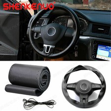 Black Genuine Leather Steering Wheel Cover Wrap Sew-on 14.5-15 Kit For All Car
