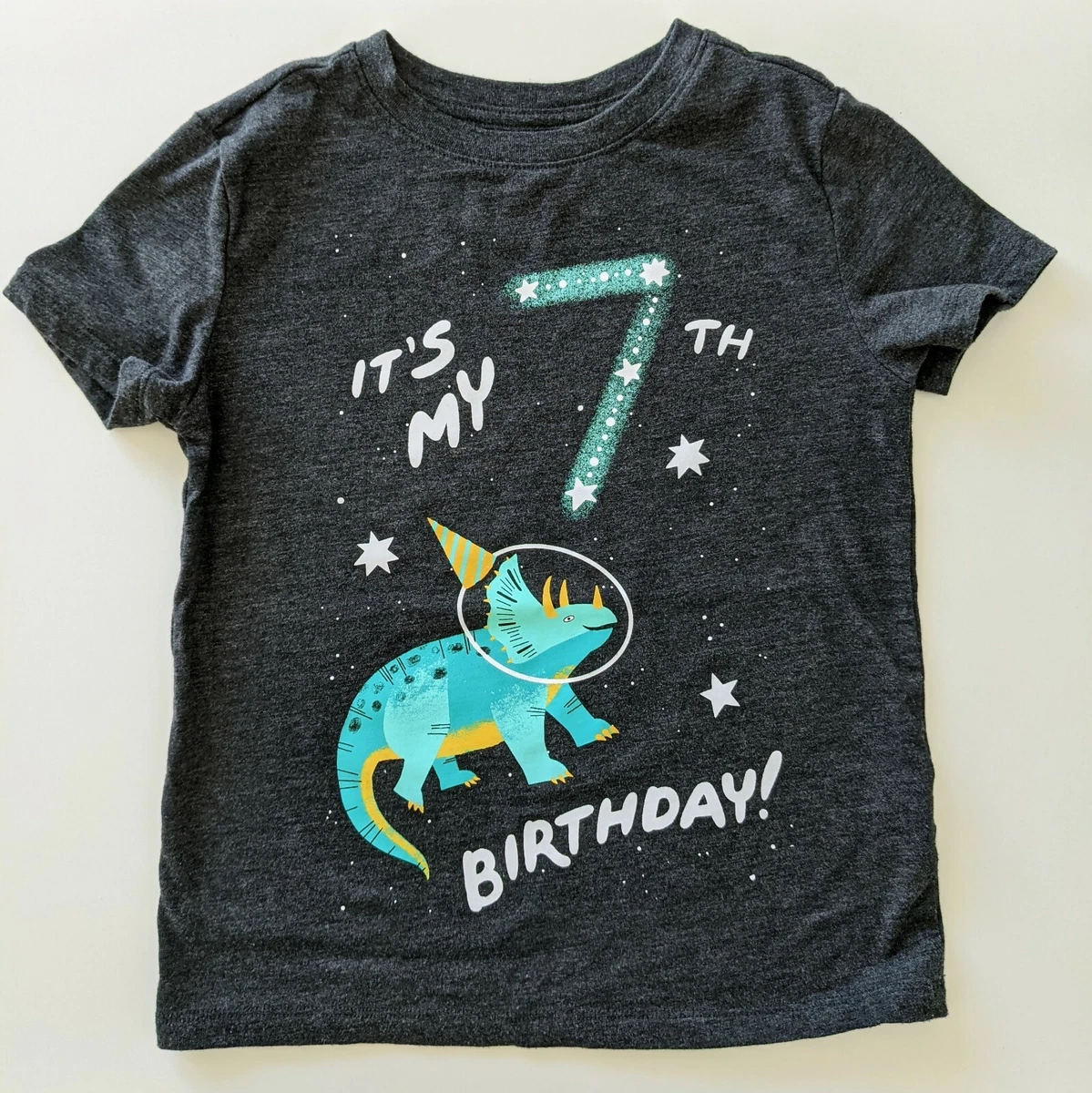Dinosaur 7th Birthday Shirt Boy Seven Year Old Space Dino Tshirt XS Size 4 5