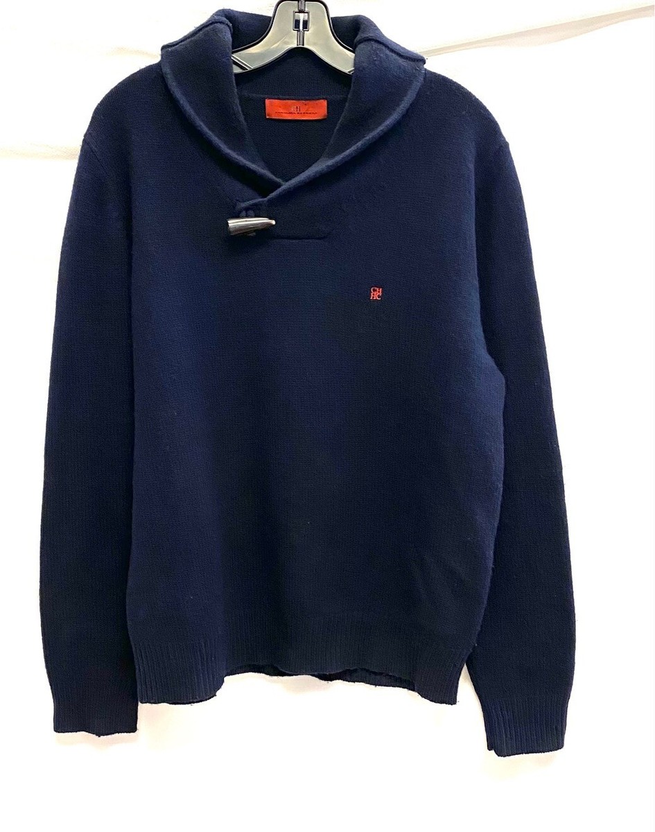 CAROLINA HERRERA Navy Shawl Collar Wooden Tooth Bone Closure Wool Sweater  LARGE