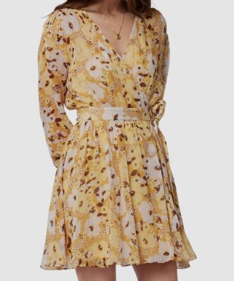 Joie Women Yellow Clara Floral Long Sleeve Silk Mini dress Size XS