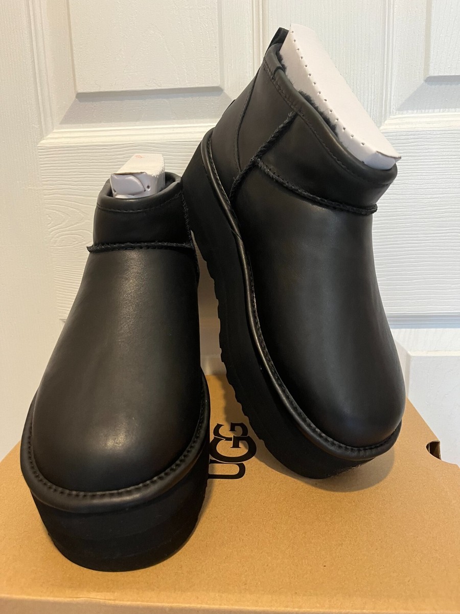 NIB Authentic UGG Women's Classic Ultra Mini Platform Leather Black Boots 10