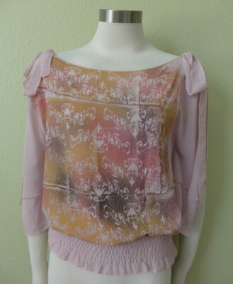AXARA Paris (Made in France) Smocked Hem Split Bow Sleeve Blouse Size XS/S