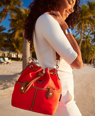 NEW Dooney & Bourke Wayfarer Nylon Backpack Red Tan Leather Trim Drawstring  Bag Dooney & Bourke Backpack Red Bags & Handbags for Women for  main image 3