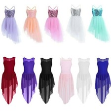 Kids Girls Mesh Leotard Dress Lyrical Modern Ballroom Dance High-low Hem Skirts
