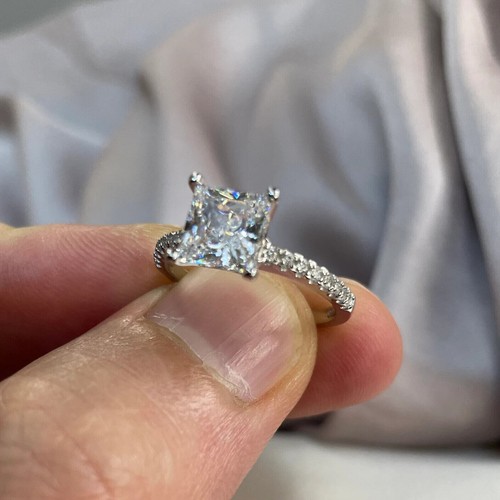 2CTW Princess Cut Certified Moissanite Halo Wedding Ring 14K White Gold Plated - Picture 4 of 9