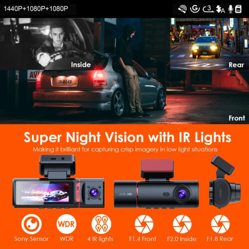 Car DVR UHD 4K 3 Lens Front Rear Inside Recorder Video Vehicle Dash Cam with GPS - Picture 2 of 8